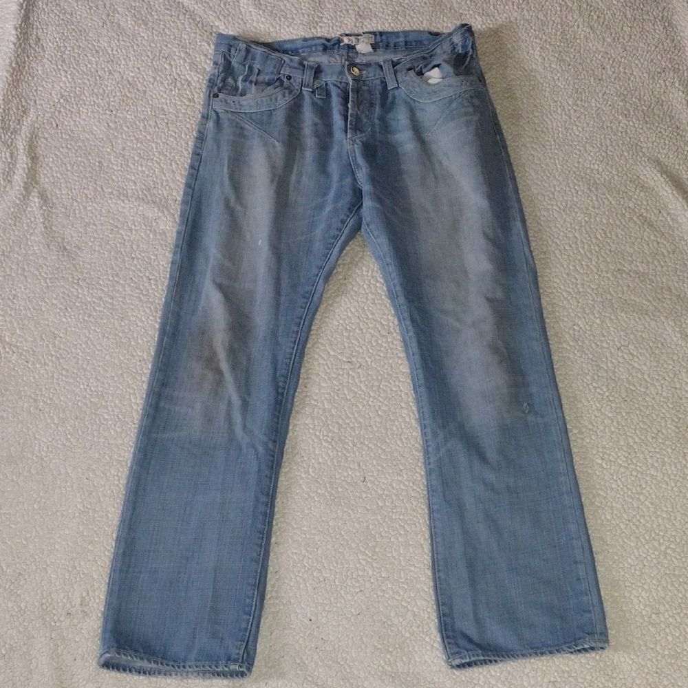 Vintage H&M 33 x 32 Light Wash Blue Denim Jeans Straight Slim Faded Button Fly